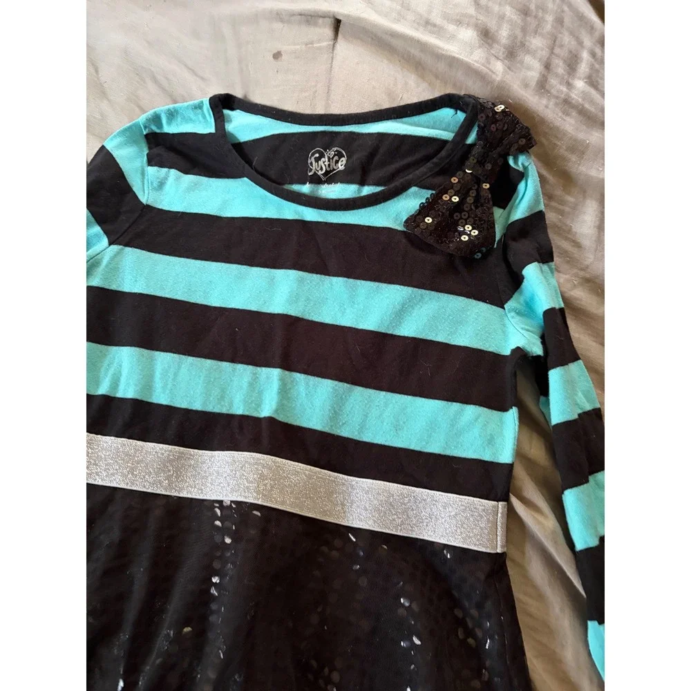 Justice Girls Turquoise Black Striped Tulle Sequin Bow Dress Size 12 Long Sleeve